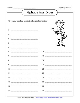 ABC Order: Whole List (E-5) Spelling E Worksheet