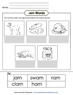 Cut and Glue (-am) Word Families Worksheet