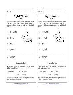 Take-Home List (Unit 8)  Free Sight Words Worksheet