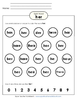 Dab or Color: Her Sight Words Individual Worksheet