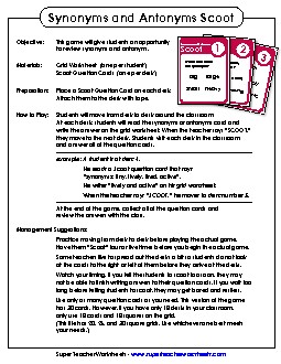 Scoot Game: Synonyms & Antonyms Synonyms Antonyms Worksheet