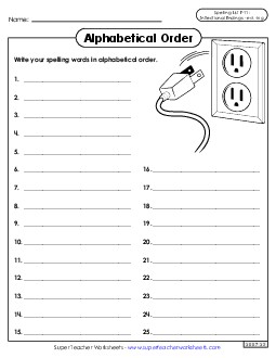 Alphabetical Order: Whole List (F-11) Spelling F Worksheet