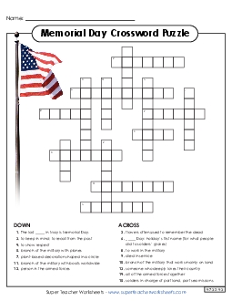 Memorial Day Crossword Holiday Worksheet