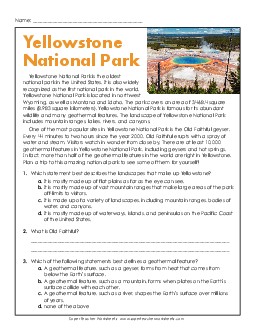 Yellowstone National Park (Short Passage) 5th Grade Reading Comprehension Reading Comp Short Worksheet