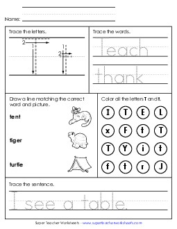 Letter T - Mixed Skills (Intermediate) Alphabet Worksheet