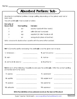 Absorbed Prefixes: Sub- Greek Latin Word Parts Worksheet