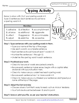 Typing Sentences (F-20) Spelling F Worksheet