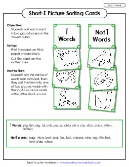 Picture Sorting Cards: (Short I Words) Phonics Long Short I Worksheet