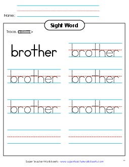 Trace the Word: Brother Sight Words Individual Worksheet