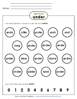 Dab or Color: Under Sight Words Individual Worksheet