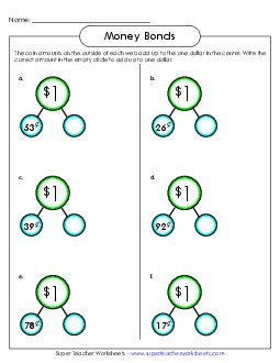 Dollar Money Bonds #1 (Subtraction) Counting Money Worksheet