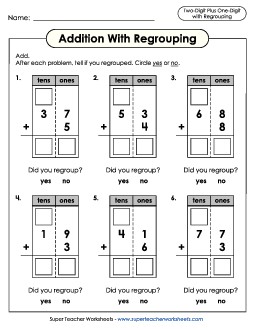 2-Digit Plus 1-Digit with Regrouping Addition Worksheet