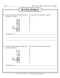 Find the Mistakes (3 Addends) Addition Worksheet