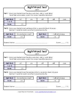 1-on-1 Reading Test (Unit 9) Sight Words Worksheet