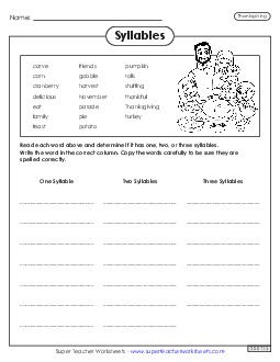 Thanksgiving Syllables Worksheet