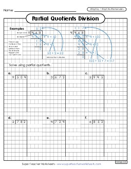 Partial Quotients (Graph Paper) 3-Digit by 1-Digit Division (No Remainders) Worksheet