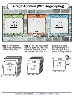 Pennants: 2-Digit Addition (With Regrouping)  Worksheet