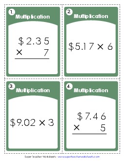 Task Cards: Multiplying Money Multiplication Worksheet