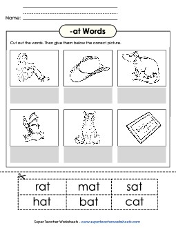 Cut and Glue (-at) Word Families Worksheet