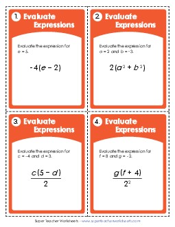 Task Cards (Advanced) Expressions Evaluate Worksheet