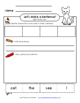 Make a Sentence Cut and Glue (Unit 1) Free Sight Words Worksheet