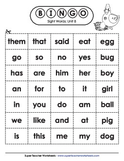 Sight Word Bingo (Unit 8) Sight Words Worksheet