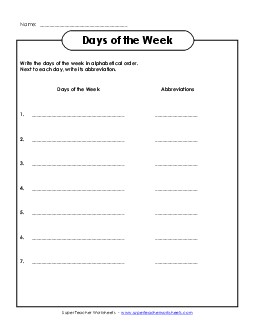 Day of the Week ABC Order & Abbreviations Worksheet