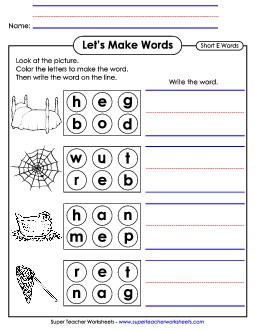 Let\'s Make Words (Word Circles) Short E Phonics Cvc Worksheet