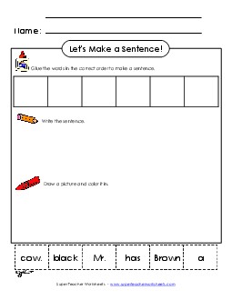 Build a Sentence: Mr. Brown\'s Cow Sentences Basic Worksheet