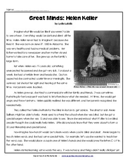 Great Minds: Helen Keller 6th Grade Reading Comprehension Worksheet