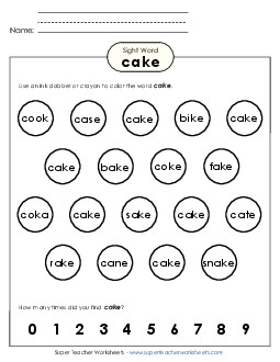 Dab or Color: Cake Sight Words Individual Worksheet