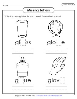 Missing Letters (Gl- Words) Phonics Blends Worksheet