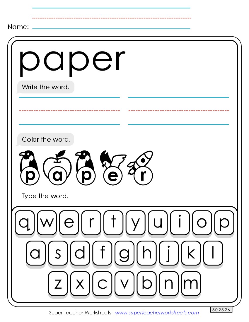 Write, Color, Type: Paper Sight Words Individual Worksheet