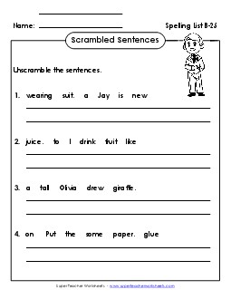 Scrambled Sentences (B-25) Spelling B Worksheet