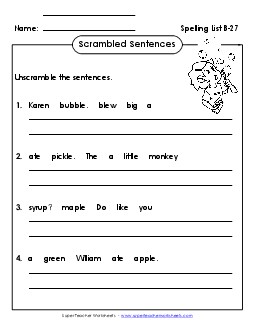 Scrambled Sentences (B-27) Spelling B Worksheet