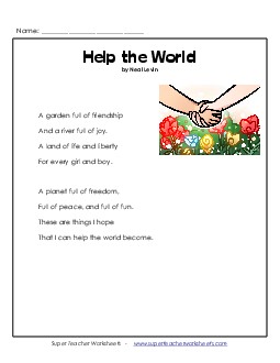 Help the World (Poem) 3rd Grade Reading Comprehension Worksheet