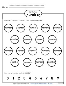 Dab or Color: Number Free Sight Words Individual Worksheet