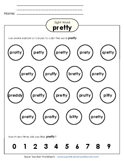 Dab or Color: Pretty Sight Words Individual Worksheet