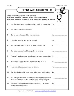 Fix the Misspelled Words (E-30) Spelling E Worksheet