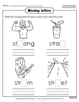 Missing Letters (Str- Words) Phonics Blends Worksheet