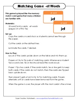 Memory Match Game (-et) Free Word Families Worksheet