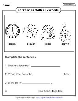 Sentences with CL- Words Phonics Blends Worksheet