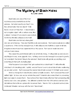 The Mystery of Black Holes  8th Grade Reading Comprehension Worksheet