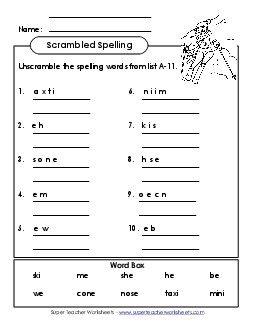 Unscramble the Words (A-11) Spelling A Worksheet