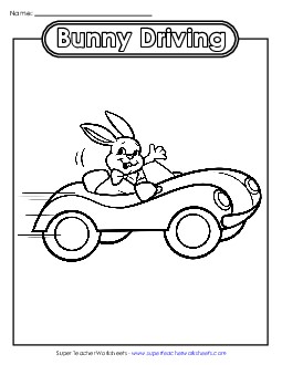 Coloring Page: Driving Easter Bunny Worksheet