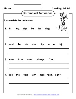 Scrambled Sentences (B-3) Spelling B Worksheet