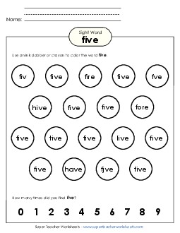 Dab or Color: Five Sight Words Individual Worksheet