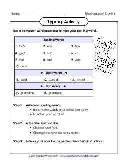 Typing Activity (B-1) Spelling B Worksheet