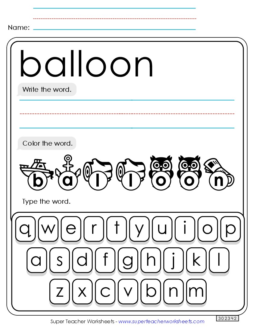 Write, Color, Type: Balloon Sight Words Individual Worksheet