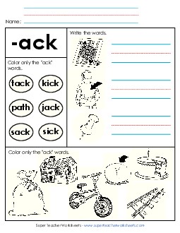 Worksheet 2 (-ack Words) Free Word Families Worksheet